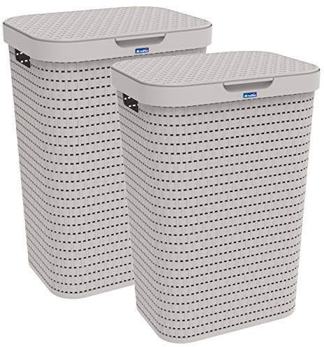 Rotho 2er-Set Wäschesammler 55l mit Deckel, Kunststoff, beige