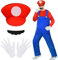 Aomig Kostüm, 4 Stück Luigi Bros Cosplay mit Mütze Hose Bart Handschuhe, Mario und Luigi Kostüm Set Männer Damen, Erwachsene Outfit für Weihnachten Karneval Faschingskostüme (Rot,L)