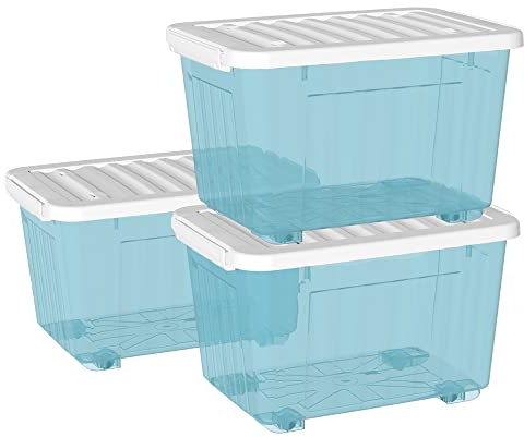 Cetomo 55L*3 Storage Boxes with Wheels, Plastic Storage Box with Lid, Latching Buckles, Click Closure, Stackable, Nesting, Durable Organizer for Home Office Clothes, Clear Blue, 55L-3 Pack