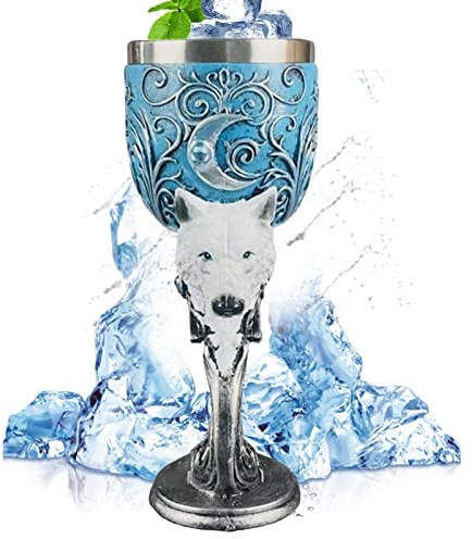 Tuzsocr Medieval Goblet - Verres à vin à motif de Loup 3D,Gobelet à vin vintage en acier inoxydable,Tasse à thé et café en résine en relief décoration,pour Halloween, bar, fête à thème (Loup de Neige)