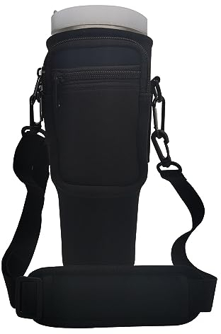 Amsthow Water Bottle Carrier Bag with Phone Pocket Stanley Black Water Bottle Holder Sleeve with Strap Carrier Tumbler Pouch for Stanley Cup 30 40oz (Black)
