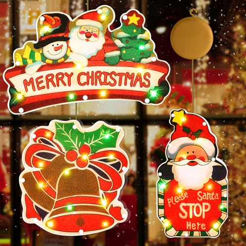 Herefun 3er Set LED Saugnapf Weihnachten Lichter, Weihnachtsbeleuchtung Hängende, Fensterlicht, Dekorative Fenster Licht, Weihnachtsdeko Lichterketten für Innen Außen