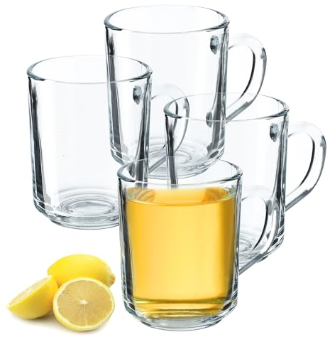 KADAX Durchsichtiger Glasbecher mit Griff, spülmaschinenfeste Trinkgläser mit Henkel, Kaffeegläser aus Glas, Teegläser, Wassergläser, Glastassen für Heiß (4 x 240ml)
