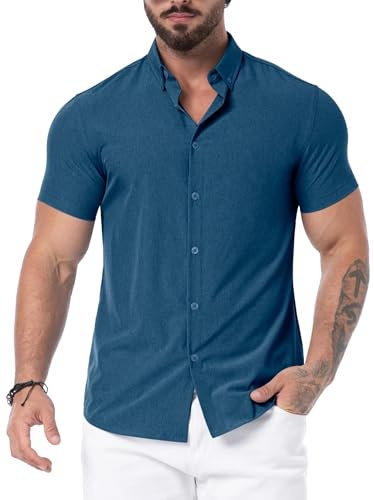 QIXING Men's Muscle Fit Shirts Wrinkle-Free Short Sleeve Casual Shirt Stretch Slim Button Down Shirt(VG Sea Blue, XL)