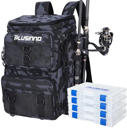 PLUSINNO Fishing Backpack with Rod Holders, 42L Water-Resistant Tackle Bag with 4 Tackle Boxes, Camping, Hiking, Gifts for Men - Black Camo