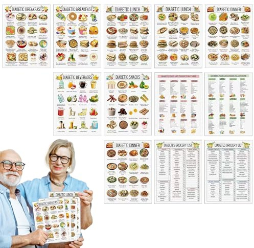 Plan de repas pour diabétiques - Brochure détaillée avec liste des aliments Ensemble de douze, livre de cuisine portable et réutilisable pour adultes, hommes, femmes, débutants avancés