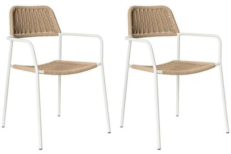 LOLAhome Pack de 2 Silla Deluxe Milos para jardín, Acero Blanco y Cuerda Trenzada Beige, 55x55x83 cm, Ergonómica y Apilable, Tratamiento Anticorrosión y Duraderas, Calidad y Diseño