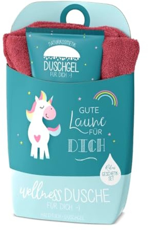 Wellness Dusche Geschenkset, Handtuch und Duschgel mit Einhorn-Design, Türkis