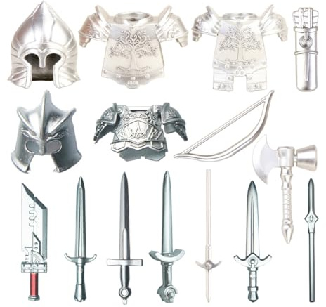 Funwetrike Kit d'accessoires pour armes médiévales comprenant des casques, des armures, des arcs, des épées, des lances, des haches, compatibles avec les grandes marques (15 pièces)