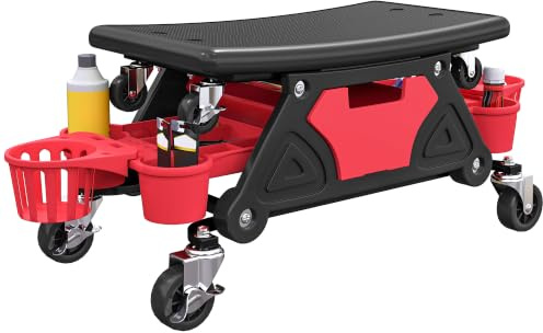 HOMCOM Tabouret D'Atelier Mobile Charge Max 135 Kg Rotatif 360° Rouge | Tabouret De Mécanicien Avec Roulettes, Avec Plateaux, Tiroir, Porte-Bouteilles, Siège Roulant, Réparation Auto Garage