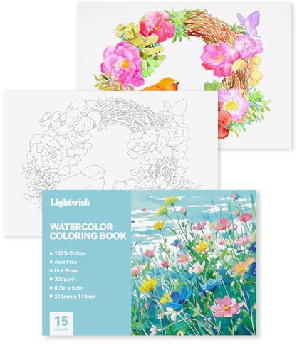 Lightwish Livre de coloriage aquarelle pour adultes débutants 100 % coton 300 g/m²/150 lbs Papier pressé à chaud sans acide 20x14cm 15 feuilles à thème floral