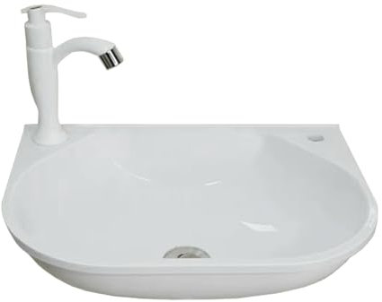 Pared Lavabo de Resina con Kit de Montaje y Para Trampa, Lavabo Pila para Lavadero 42x30x14 cm, Blanco (D - Grifos Plástico,Blanco)