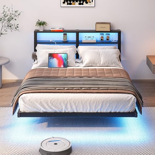 HAHRIR 120x200cm Metall-Schwebebett mit LED-Leuchten, USB-Ladestation & Doppelablage-Kopfteil, Schwerlast-Stahlrahmen, geräuschfrei, Schwarz