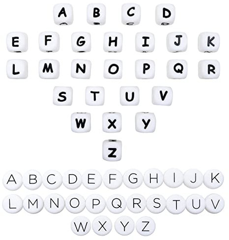 TOAOB 52 Pezzi Perline Lettere per Braccialetti in Silicone 2 Stili Bianca con Nero Alfabeto Beads 12mm Cubo e Rotondo Perle per Collane Bigiotteria Portachiavi Fai da Te Phone Catene
