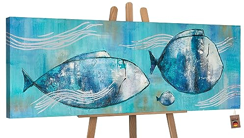 YS-Art Abstrakt Acryl Gemälde auf Leinwand handgemalt reisende Fische Wandbilder Wohnzimmer moderne blaue Relax Farben Wohndekor Bilder echte Kunst 150x50 cm