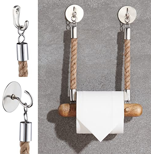 DEKAZIA® Toilettenpapierhalter Seil | Mango Holz | Klopapierhalter für WC/Badezimmer | 100%-fest durch Bohren oder Kleben | Vintage Dekoration | Jute Klorollenhalter | WC Rollenhalter