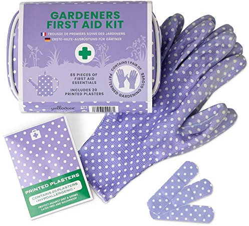 Yellodoor Mini-Erste-Hilfe-Set mit Schere, wasserdichte Pflaster, antiseptische Tücher, Bandage, 85 Stück Erste Hilfe Tasche für Reisen und Garten Inklusive Damen-Gartenhandschuhe Vegan (Purple)