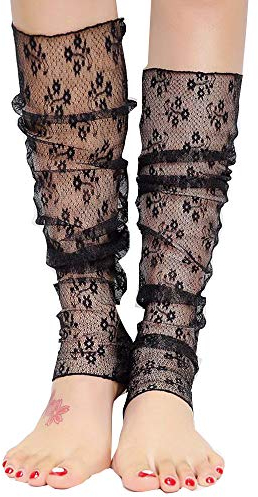 Cheerlife Damen Spitze lose lange Strümpfe Durchsichtig Socken Stulpen Ärmel UV-Schutz dünne Dual-Use Manschette (Blumen Schwarz)