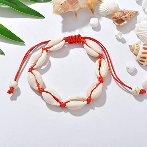 Egurs Hawaiian Style Armband Natürliche Muschel Handgewebte Verstellbare Fußkette Meer Strand Ferien Rot