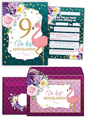 JuNa-Experten 12 Flamingo Einladungskarten für Mädchen zum 9. Geburtstag – Bunte Geburtstagseinladungen zum neunten Geburtstag inkl. 12 Umschläge für Kindergeburtstag