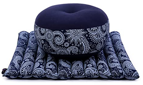 LEEWADEE Set de meditación – Cojín de Yoga Zafu y colchoneta de meditación Zabuton, Asiento tailandés de kapok ecológico, Set de 2, Azul Blanco