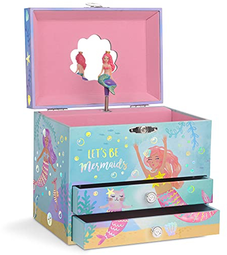 Jewelkeeper - Meerjungfrau Spieluhr Schmuckschatulle für Mädchen mit zwei Ausziehfächern, Regenbogen Meerjungfrau und Goldfolie Design - Sobre las Olas Melodie