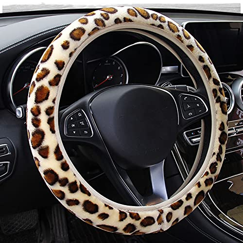 ihreesy Plüsch Lenkradbezug,Leopardenmuster Rutschfester Lenkradschutz Weicher Lenkradschoner Elastische Lenkradabdeckung Universal 14 Zoll -15,5 Zoll Lenkradhülle für Winter Warm,Leopard