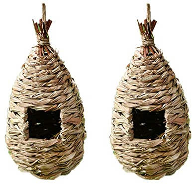 2 Pack Bird Nest, Hand Woven Hanging Hummingbird House Nest for Small Hummingbird Wren Sparrow Wicker Finch Chickadee Birdhouse