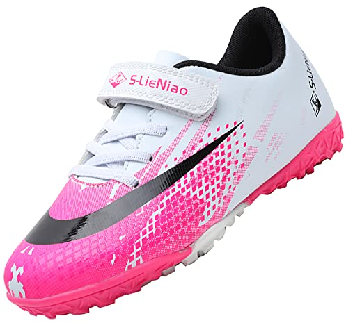 VLOOKST Football Boots Boys Astro Turf Trainers Kids Non-Slip Junior Football Shoes Sports Shoes Outdoor Athletic Sneakers Girls Soccer Shoes Unisex White Pink 13UK