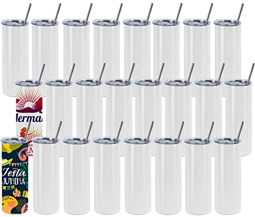 Lot de 24 gobelets à sublimation en vrac de 591 ml, droits et fins, avec double paroi en acier inoxydable, avec couvercle et paille, film rétractable, emballés individuellement, pour presse à chaud
