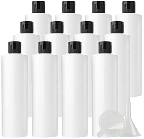 ZEOABSY 12 Pièces 250 ML Blanc Bouteille en Plastique avec Bouchon à Charnière Noir, Épaule Plate Vider Bouteille Ronde en PET de Voyage pour Cosmétiques Liquides