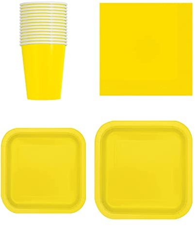 WedDecor Set da tavola di carta, 64 pezzi, piatti di carta usa e getta quadrati, bicchieri e tovaglioli, perfetti per picnic, barbecue, compleanni, baby shower, matrimoni ed eventi natalizi, giallo