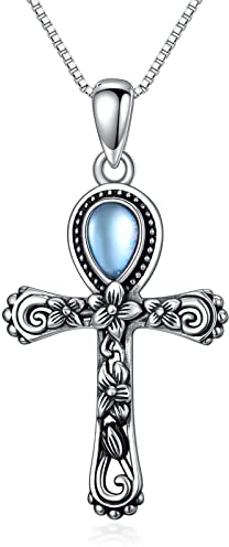 VENACOLY Ankh Kette 925 Sterling Silber Mondstein Ankh Anhänger Halskette Ankh Schmuck Geburtstag Geschenk für Damen Frauen