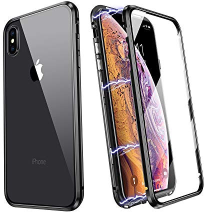YUNQE Coque pour iPhone X/iPhone XS/iPhone 10, Magnétique en Métal Étui Protecteur d’Écran Intégré avec Verre Trempé Avant Arrière Housse Anti-Rayures,Noir