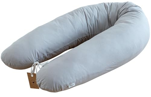 LOOLAY Stillkissen L/XL - 190 cm mit abnehmbarem Bezug aus 100% Baumwolle - Schwangerschaftskissen, Seitenschläferkissen & Lagerungskissen mit leiser FillBall-Füllung, in Europa gefertigt (100% GRAU)
