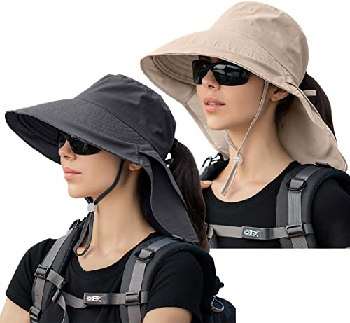29 IYEBRAO 2 Stück Sonnenhut Damen mit Nackenschutz-UV Schutz Breite Krempe Pferdeschwanz Sommerhut -UPF 50 Einstellbare Strand Fischerhut Anglerhut Garten Outdoor Hut (2 Stück-Dunkelgrau & Beige)