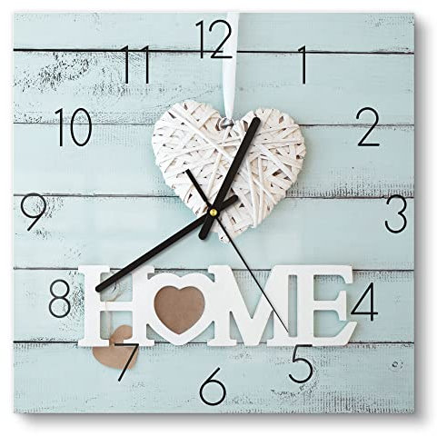 DEQORI Glasuhr | 30x30 cm | Motiv Holzschrift Home | ausgefallene leise Design Uhr aus Glas | Wanduhr für Wohnzimmer & Küche | Moderne Hingucker Uhr für die Wand