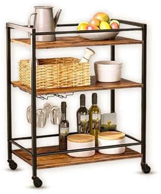 HYGRAD BUILT TO SURVIVE Kitchen Cart 3 Tier Rolling Industrial Design Rustic Look Wooden Kitchen Food Serving Cart Trolley With Wheels & Glass Hooks