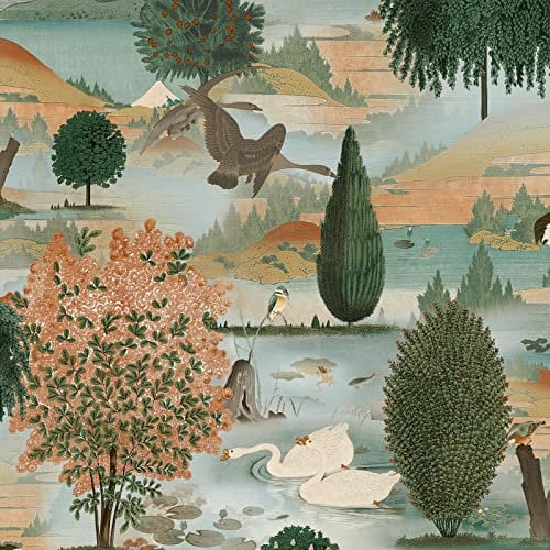 Holden Swan Lake Wallpaper - Modern Wallpaper for Living Room, Bedroom, Fireplace - Decorative Luxury Nature Wall Paper with Beautiful White Swans & Foliage (Orange & Green)