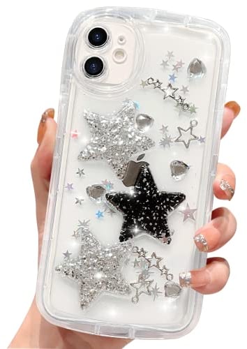 HZLFCZL Compatible with iPhone 11 Case Cute Cartoon Glitter 3D Stars Crystal Heart Clear Pattern Design Women Girls Aesthetic Kawaii Pretty Transparent Sparkly Phone Case for iPhone 11-Stars