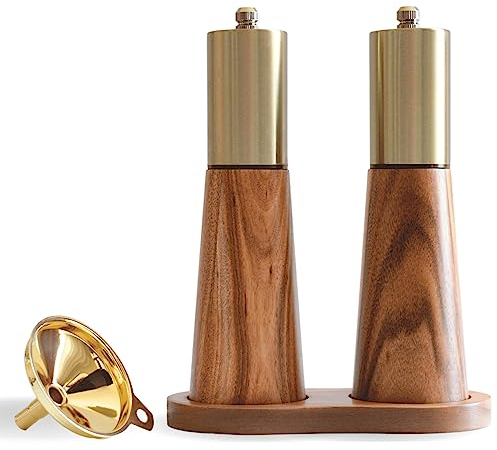 Gold Salt and Pepper Grinder Mill Set With Wood Base, Free Gold Funnel,Stainless Steel Manual Salt Shaker and Pepper Mill,Adjustable Thickness,Suitable For Kitchen (Salt & Pepper Grinder)
