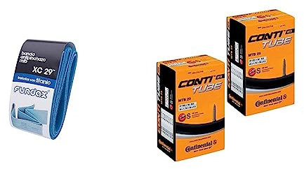 FUNDAX Banda antipinchazos de Piel XC 29%22 & Continental Camara MTB 29'' x 1.75-2.50, válvula Presta (Fina), 42 mm (Pack 2 Unidades), Unisex Adulto, Negro, [47-622->62-622]
