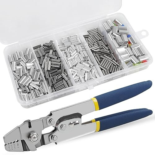 Fishing Crimping Tool Kit,Stainless Steel Fishing Crimping Pliers Wire Rope Crimping Tool with 430pcs 5 Sizes Aluminum Copper Barrel Crimp Sleeves Beads Set,4 Crimping Sizes
