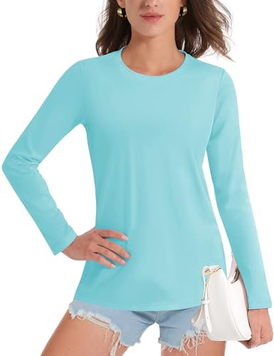 TACVASEN Cotton Shirts for Women UK Going Out T Shirts for Women UK Lightweight Ladies Cotton Tops, Light Lake Blue, L