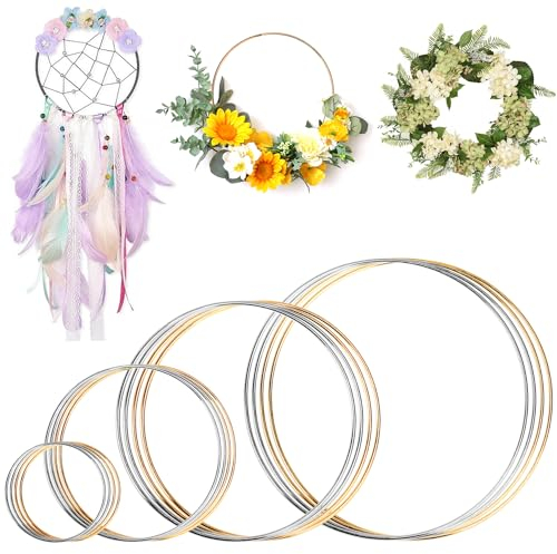 Metallring 16 Stück Metallringe zum Basteln 4 Größe Drahtringe zum Basteln 5cm 10cm 15cm 20cm Ringe zum Basteln Deko Ringe zum Aufhängen für Floral Hoop, Wandbehang Dekor(Gold, Schwarz)
