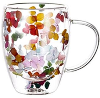 Dried Flowers Double Wall Glass Coffee Mugs,Creative Clear Glass Cups With Handle,Insulated Heat Resistant Christmas Birthday Gifts for Women Best Friend
