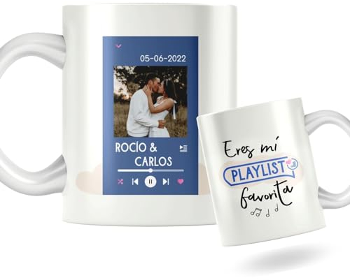 Taza de cerámica personalizada con foto. Taza personalizada para San Valentín con frase. Regalo original personalizado. (Canción de playlist)