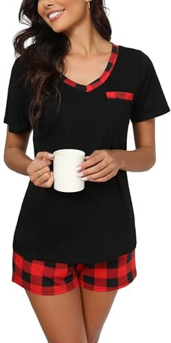 Yukiuiny Pyjama Femme Été Coton Ensemble Vêtement d'Intérieur Tee Shirt Vêtement de Nuit Carreaux Plaid Manches Courtes Col V Pantalons de Pyjama Printemps Douce Confortable A-Noir Rouge+Carreaux S
