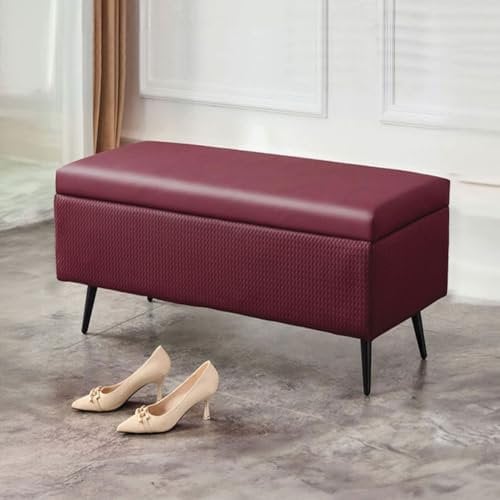 Shally Dogan Cassapanca Pouf Contenitore Premium con Rivestimento in Ecopelle Tramato, Panca Poggiapiedi Design Luxury con Piedini in Metallo Neri per Camera da Letto, Soggiorno, Salotto (Bordeaux)