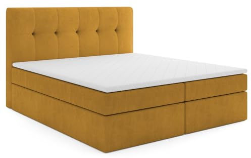 MRGROUP Boxspringbett mit Bettkasten PATRYCJA 180 x 200 cm, Samtstoff, Polsterbett mit Bonell-Matratze und Topper, Doppelbett mit Stauraum, Bett für Schlafzimmer, Gepolstertes Kopfteil, H3, gelb